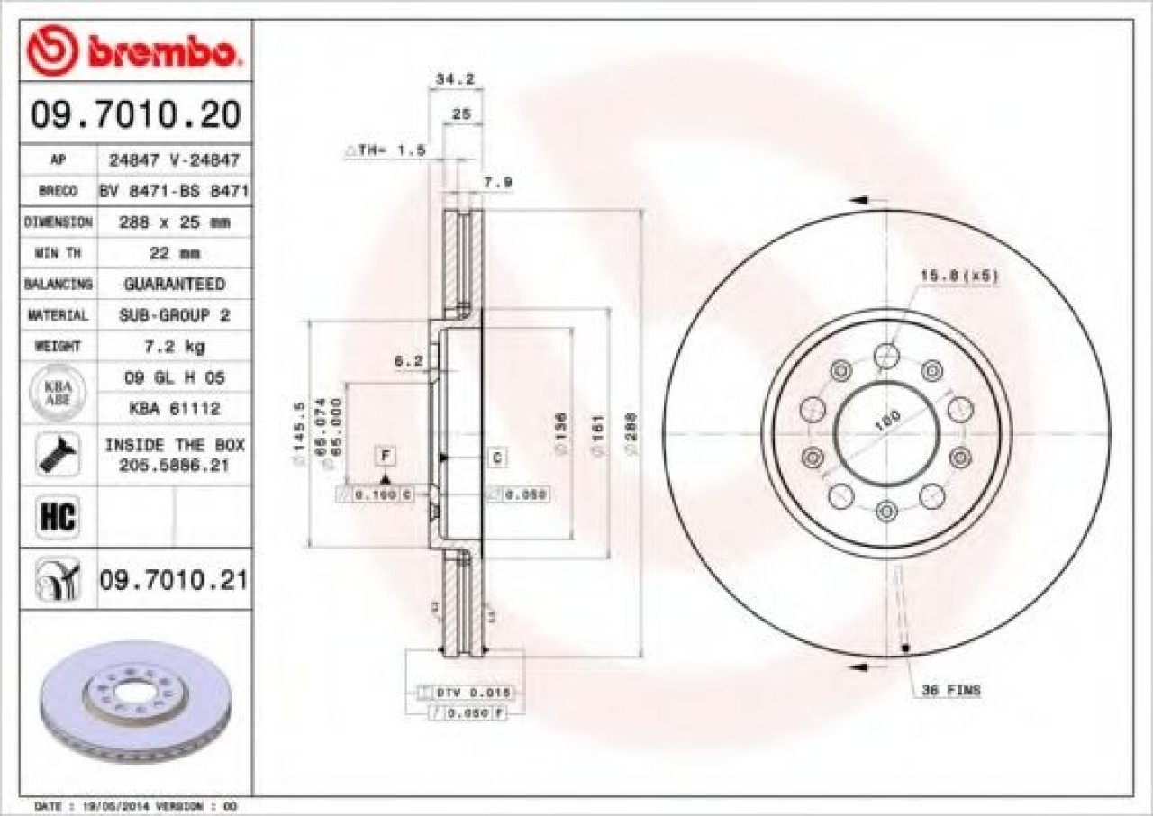 Disc frana SKODA FABIA I (6Y2) (1999 - 2008) BREMBO 09.7010.21 piesa NOUA