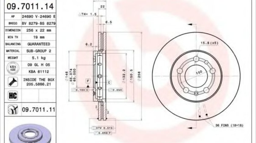 Disc frana SKODA FABIA II (2006 - 2014) BREMBO 09.7011.11 piesa NOUA