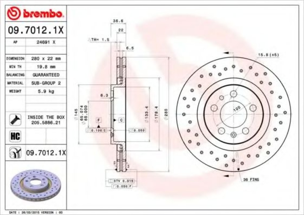 Disc frana SKODA OCTAVIA I Combi (1U5) (1998 - 2010) BREMBO 09.7012.1X piesa NOUA