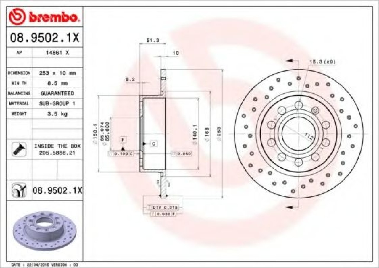 Disc frana SKODA OCTAVIA II Combi (1Z5) (2004 - 2013) BREMBO 08.9502.1X piesa NOUA