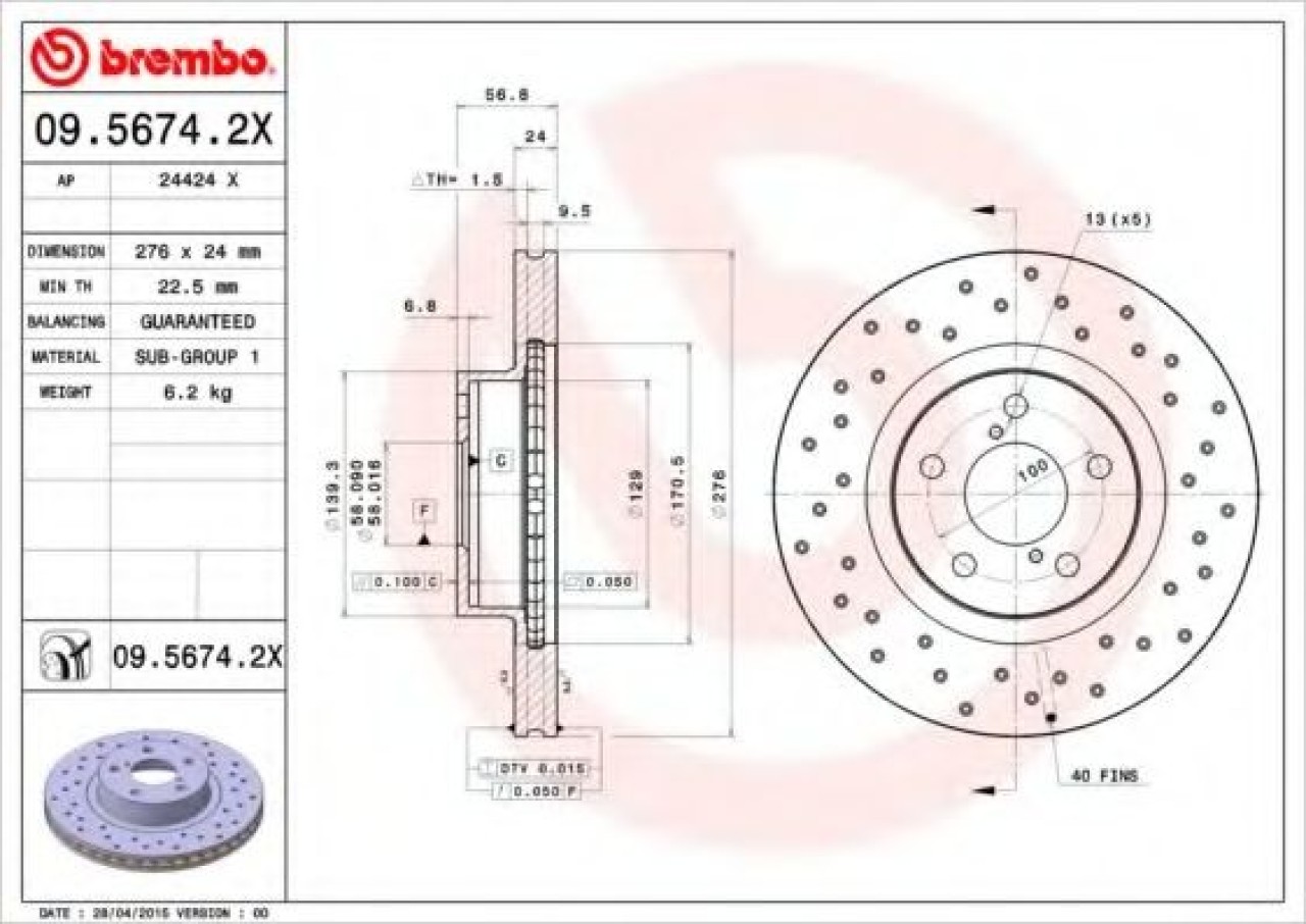 Disc frana SUBARU FORESTER (SF) (1997 - 2002) BREMBO 09.5674.2X piesa NOUA