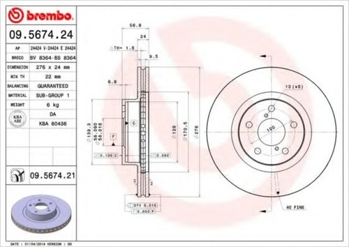 Disc frana SUBARU OUTBACK (BE, BH) (1998 - 2003) BREMBO 09.5674.21 piesa NOUA