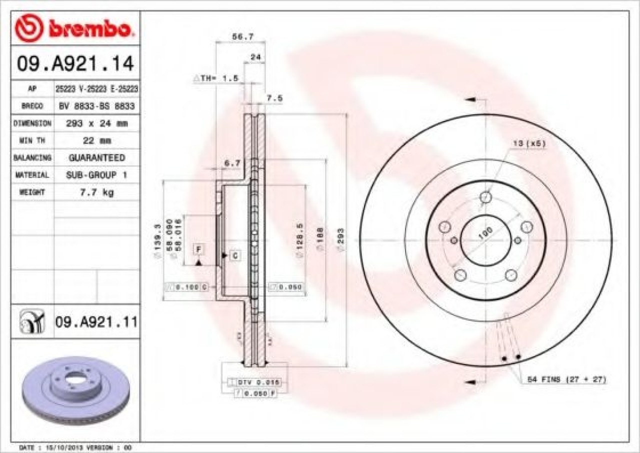 Disc frana SUBARU OUTBACK (BM, BR) (2009 - 2014) BREMBO 09.A921.11 piesa NOUA