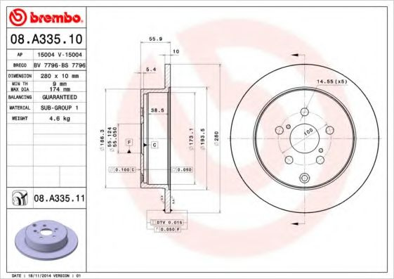 Disc frana TOYOTA AVENSIS Combi (T25) (2003 - 2008) BREMBO 08.A335.11 piesa NOUA