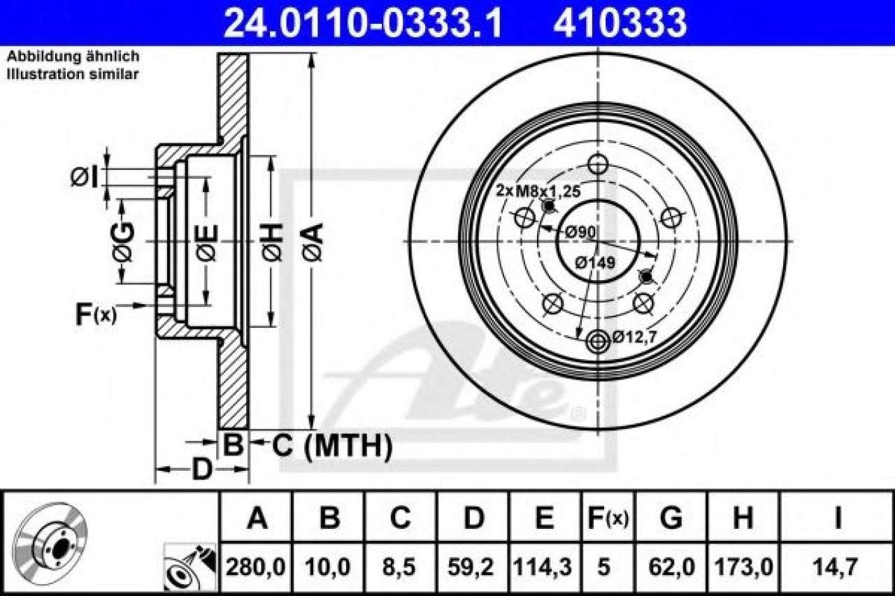 Disc frana TOYOTA AVENSIS (T25) (2003 - 2008) ATE 24.0110-0333.1 piesa NOUA