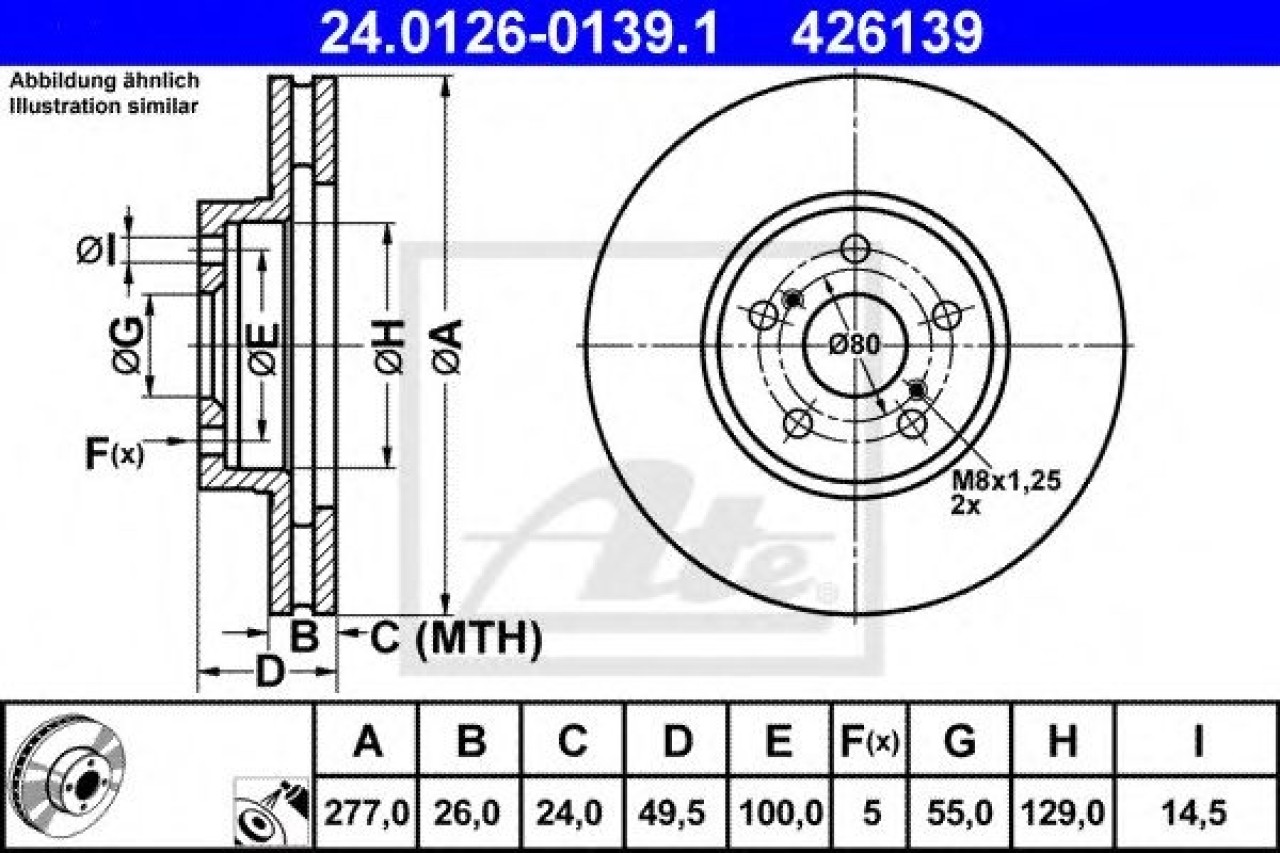 Disc frana TOYOTA AVENSIS (T25) (2003 - 2008) ATE 24.0126-0139.1 piesa NOUA