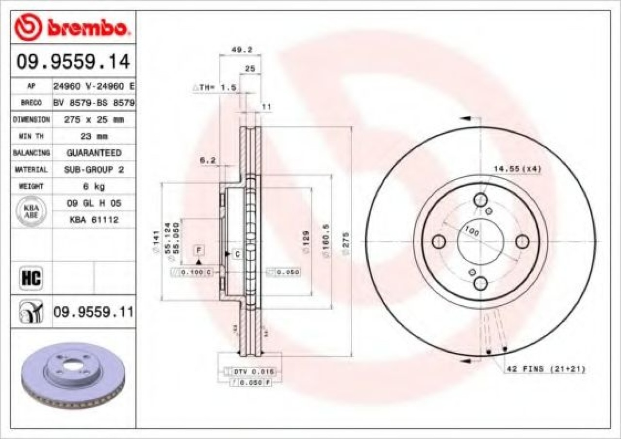 Disc frana TOYOTA COROLLA (CDE12, ZZE12, NDE12, ZDE12) (2001 - 2007) BREMBO 09.9559.11 piesa NOUA