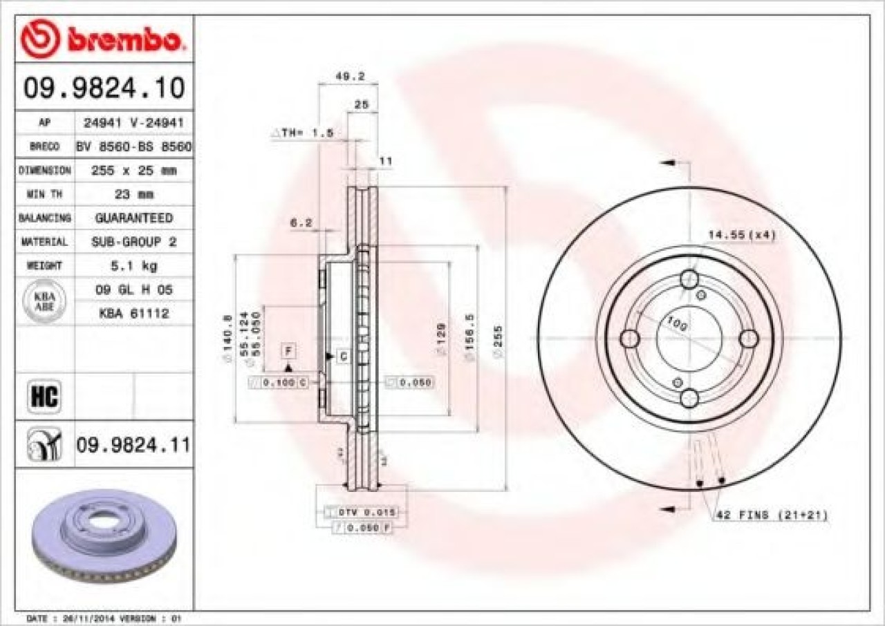 Disc frana TOYOTA COROLLA Combi (E12J, E12T) (2001 - 2007) BREMBO 09.9824.11 piesa NOUA