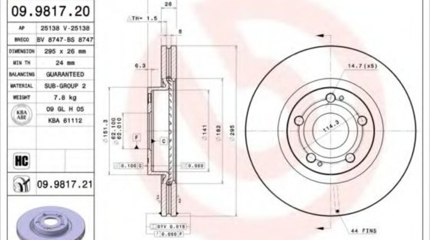 Disc frana TOYOTA COROLLA Verso (ZER, ZZE12, R1) (2004 - 2009) BREMBO 09.9817.21 piesa NOUA