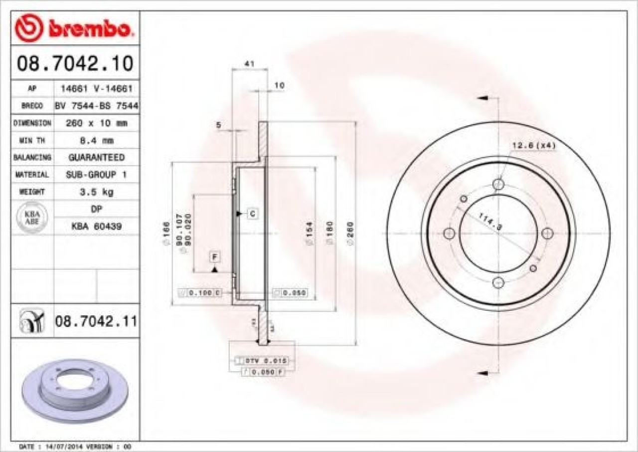 Disc frana VOLVO S40 I (VS) (1995 - 2004) BREMBO 08.7042.11 piesa NOUA