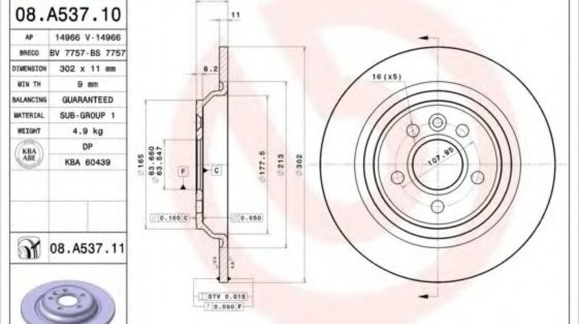 Disc frana VOLVO S80 II (AS) (2006 - 2016) BREMBO 08.A537.11 piesa NOUA