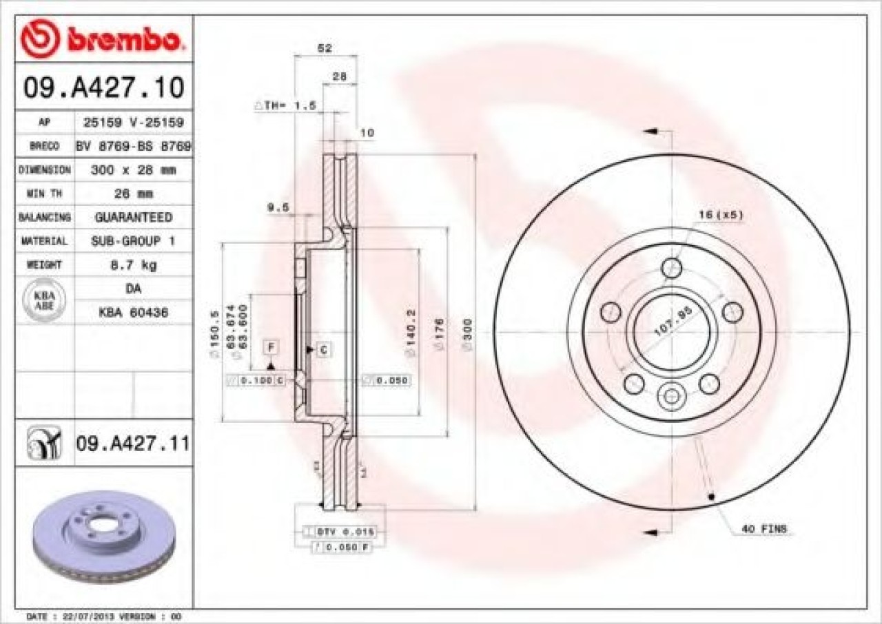 Disc frana VOLVO S80 II (AS) (2006 - 2016) BREMBO 09.A427.11 piesa NOUA