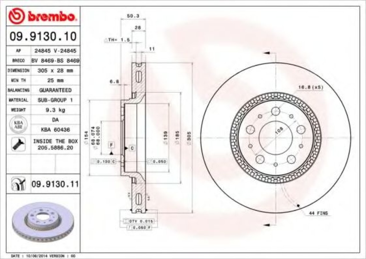 Disc frana VOLVO V70 II (SW) (2000 - 2007) BREMBO 09.9130.11 piesa NOUA