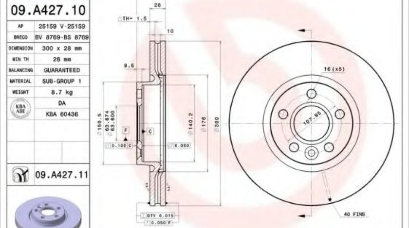 Disc frana VOLVO V70 III (BW) (2007 - 2016) BREMBO 09.A427.11 piesa NOUA