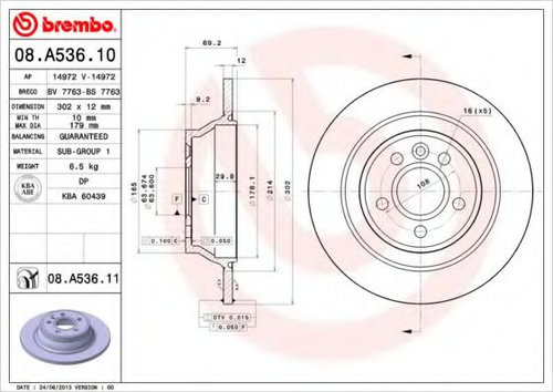 Disc frana VOLVO XC70 II (2007 - 2016) BREMBO 08.A536.11 piesa NOUA