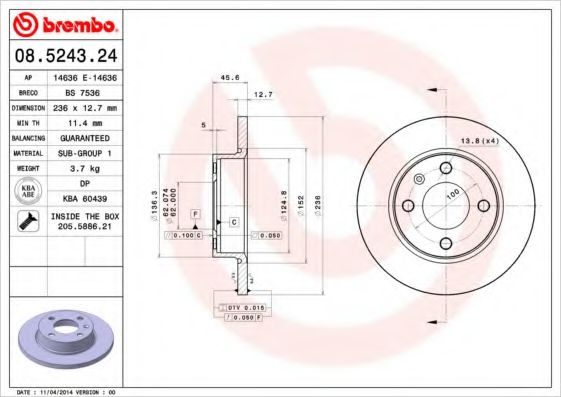 Disc frana VW CADDY II Pick-up (9U7) (1996 - 2000) BREMBO 08.5243.24 piesa NOUA