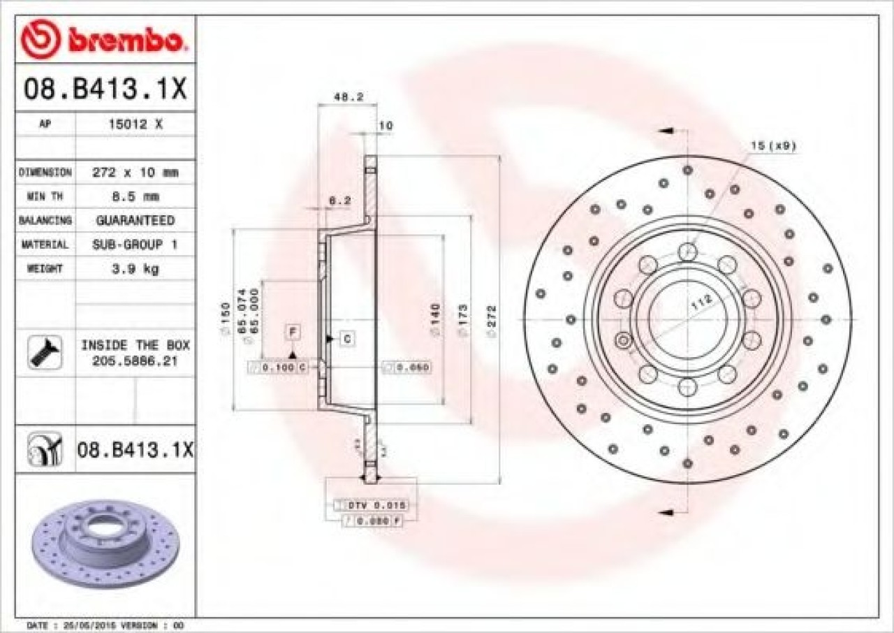 Disc frana VW CADDY III Caroserie (2KA, 2KH, 2CA, 2CH) (2004 - 2016) BREMBO 08.B413.1X piesa NOUA