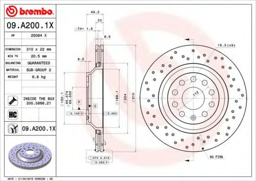 Disc frana VW EOS (1F7, 1F8) (2006 - 2016) BREMBO 09.A200.1X piesa NOUA