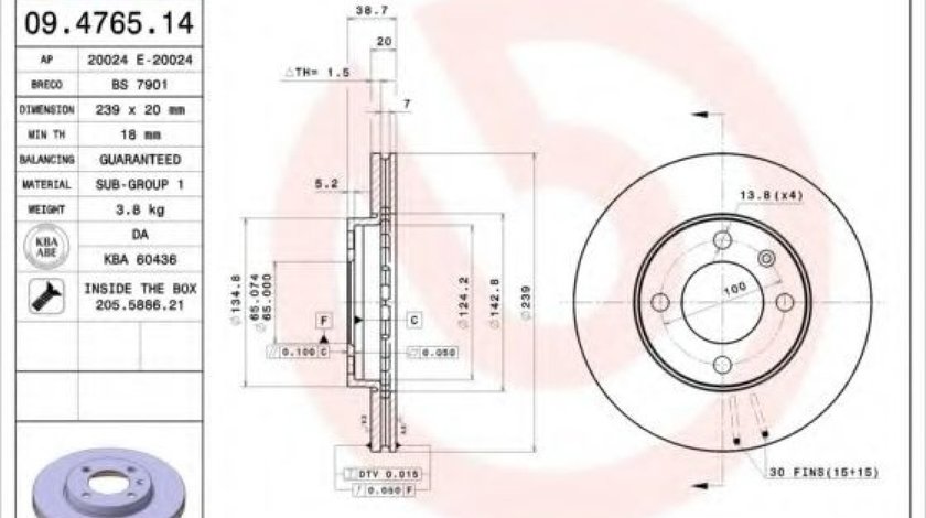 Disc frana VW GOLF III (1H1) (1991 - 1998) BREMBO 09.4765.14 piesa NOUA