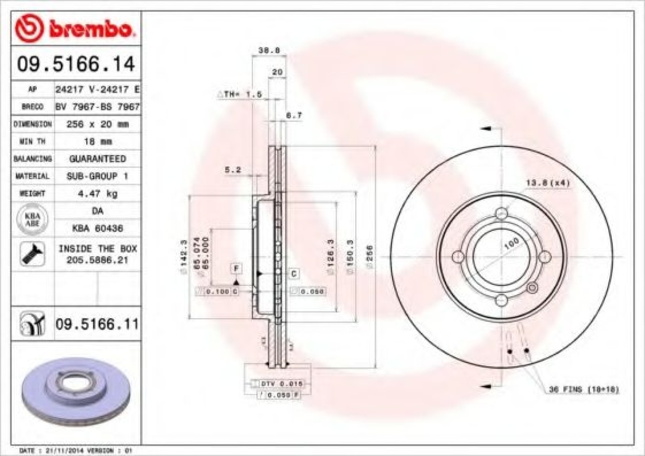 Disc frana VW GOLF III Cabriolet (1E7) (1993 - 1998) BREMBO 09.5166.11 piesa NOUA