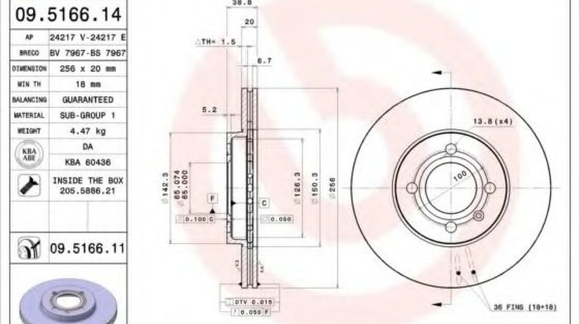 Disc frana VW GOLF IV Cabriolet (1E7) (1998 - 2002) BREMBO 09.5166.11 piesa NOUA