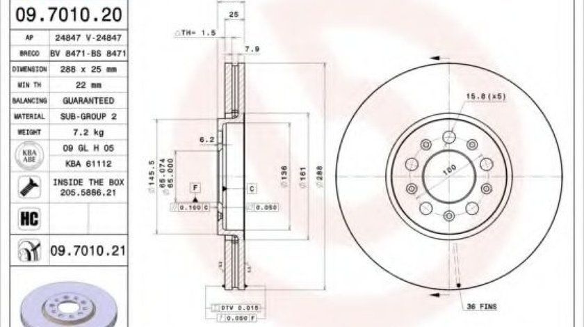 Disc frana VW GOLF IV Variant (1J5) (1999 - 2006) BREMBO 09.7010.21 piesa NOUA