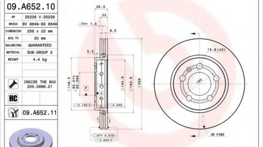 Disc frana VW GOLF IV Variant (1J5) (1999 - 2006) BREMBO 09.A652.11 piesa NOUA