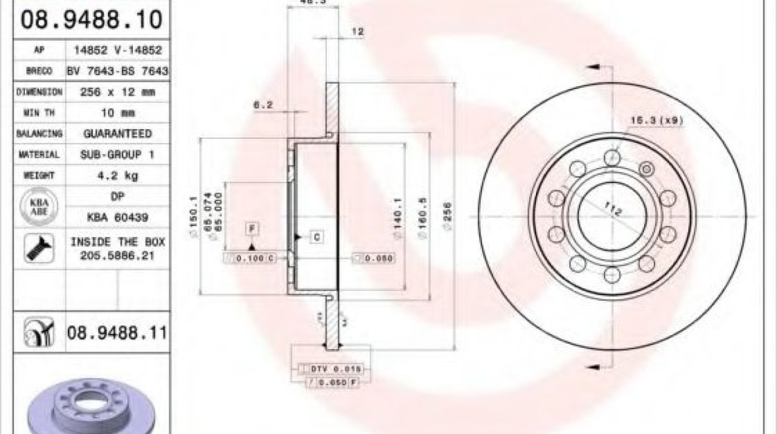 Disc frana VW GOLF PLUS (5M1, 521) (2005 - 2013) BREMBO 08.9488.11 piesa NOUA