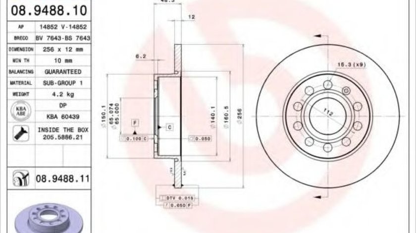 Disc frana VW GOLF V (1K1) (2003 - 2009) BREMBO 08.9488.11 piesa NOUA