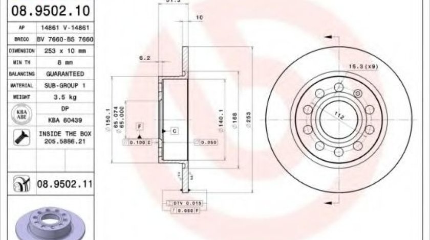 Disc frana VW GOLF V (1K1) (2003 - 2009) BREMBO 08.9502.11 piesa NOUA