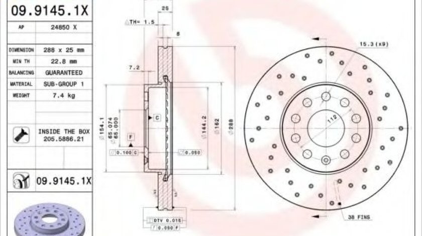 Disc frana VW GOLF V (1K1) (2003 - 2009) BREMBO 09.9145.1X piesa NOUA