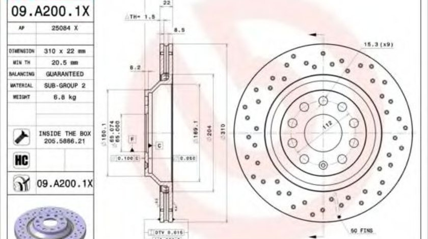 Disc frana VW GOLF VI Cabriolet (517) (2011 - 2016) BREMBO 09.A200.1X piesa NOUA