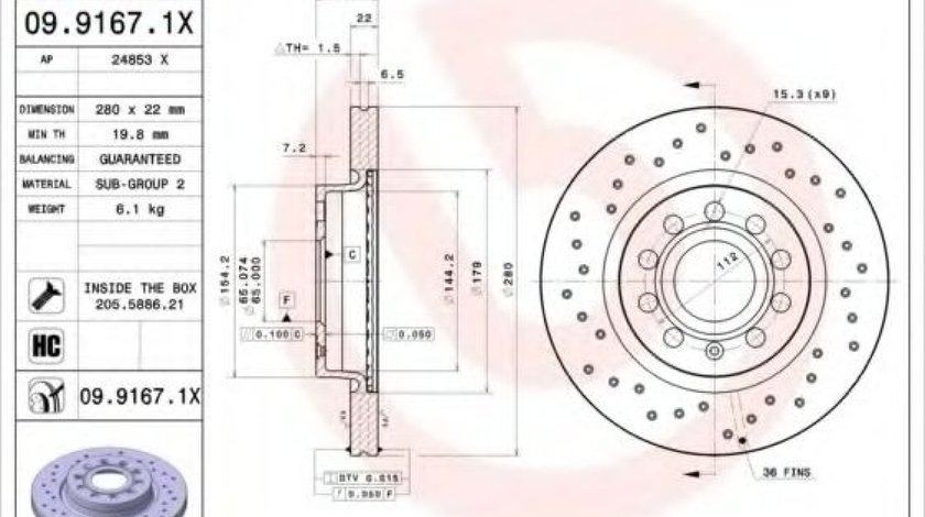 Disc frana VW JETTA III (1K2) (2005 - 2010) BREMBO 09.9167.1X piesa NOUA