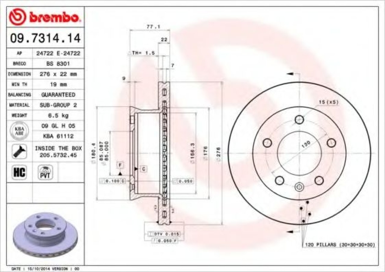 Disc frana VW LT II platou / sasiu (2DC, 2DF, 2DG, 2DL, 2DM) (1996 - 2006) BREMBO 09.7314.14 piesa NOUA