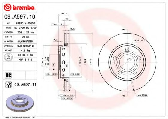 Disc frana VW PASSAT Variant (3B6) (2000 - 2005) BREMBO 09.A597.11 piesa NOUA