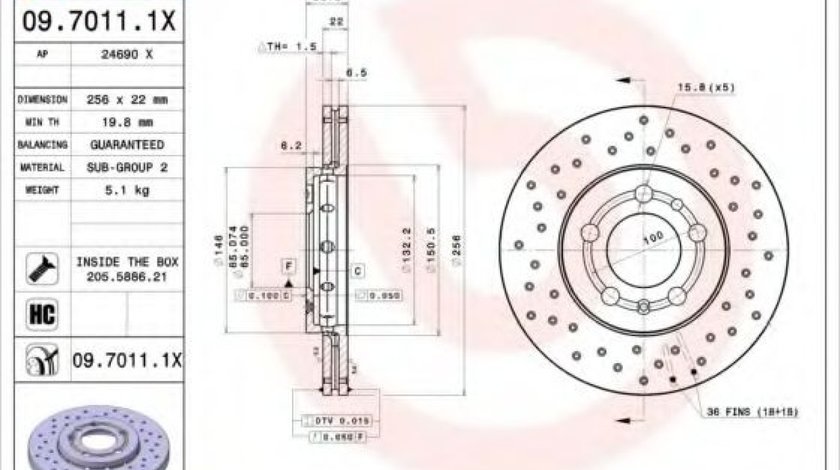 Disc frana VW POLO (6R, 6C) (2009 - 2016) BREMBO 09.7011.1X piesa NOUA