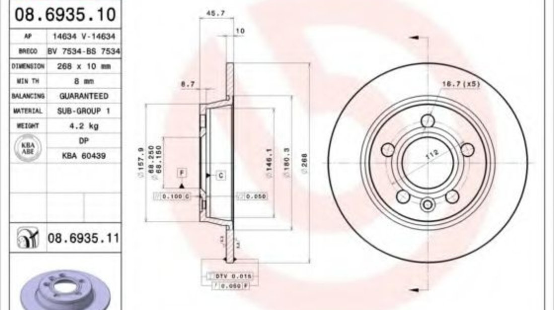 Disc frana VW SHARAN (7M8, 7M9, 7M6) (1995 - 2010) BREMBO 08.6935.10 piesa NOUA