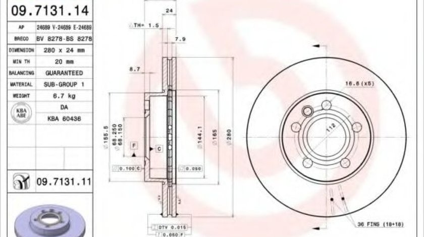 Disc frana VW TRANSPORTER IV bus (70XB, 70XC, 7DB, 7DW, 7DK) (1990 - 2003) BREMBO 09.7131.11 piesa NOUA