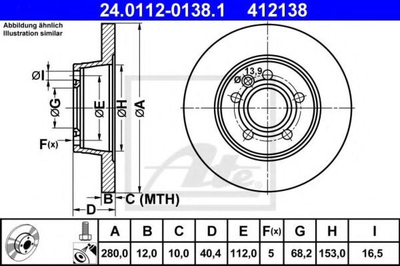 Disc frana VW TRANSPORTER IV bus (70XB, 70XC, 7DB, 7DW, 7DK) (1990 - 2003) ATE 24.0112-0138.1 piesa NOUA