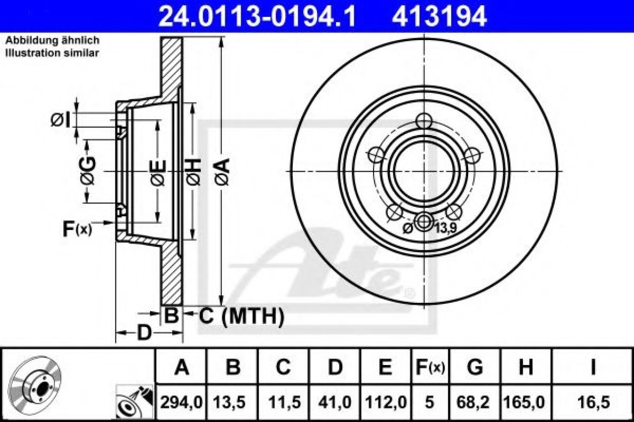 Disc frana VW TRANSPORTER IV bus (70XB, 70XC, 7DB, 7DW, 7DK) (1990 - 2003) ATE 24.0113-0194.1 piesa NOUA