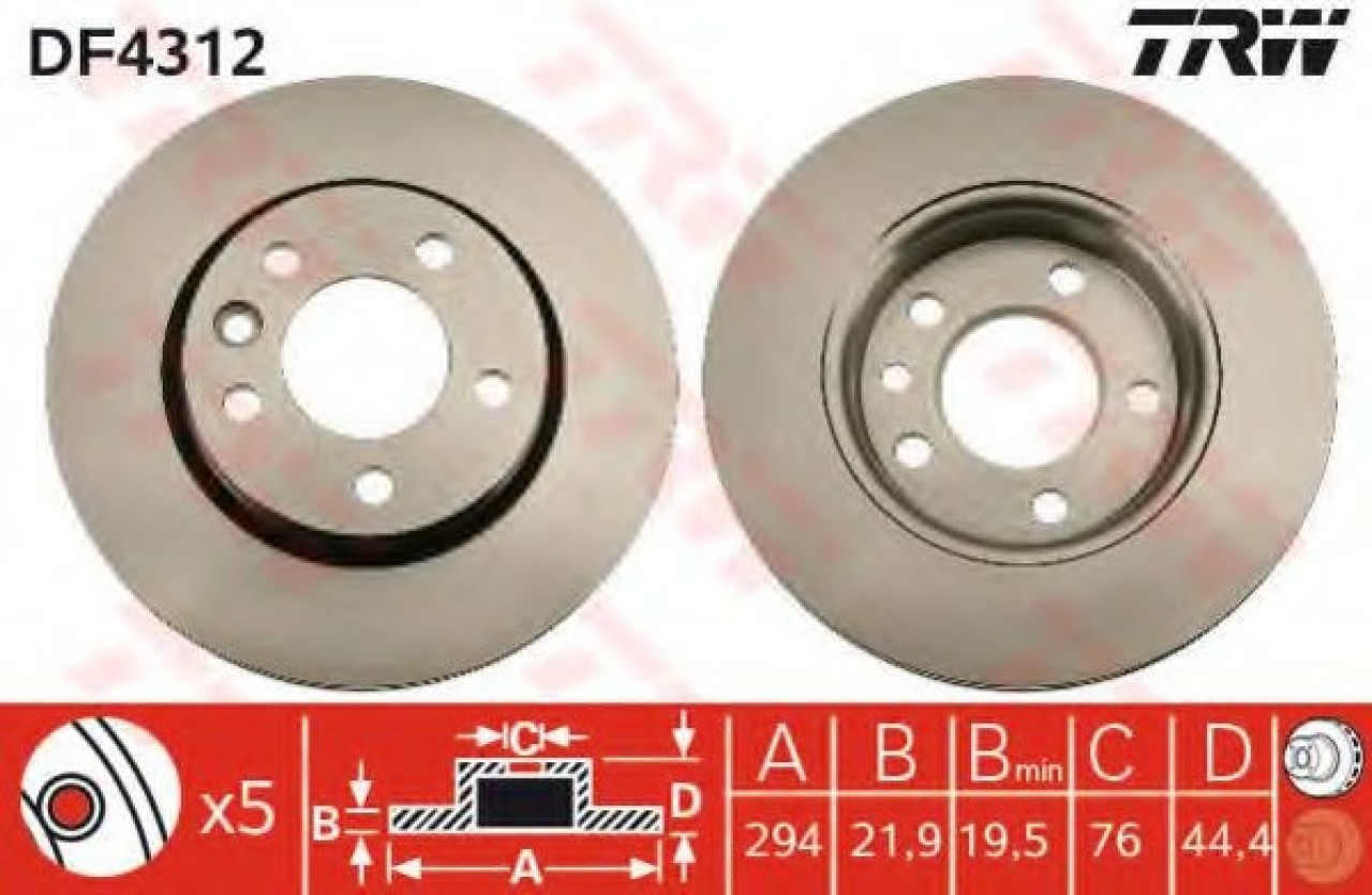 Disc frana VW TRANSPORTER V bus (7HB, 7HJ, 7EB, 7EJ, 7EF, 7EG, 7HF, 7EC) (2003 - 2016) TRW DF4312 piesa NOUA