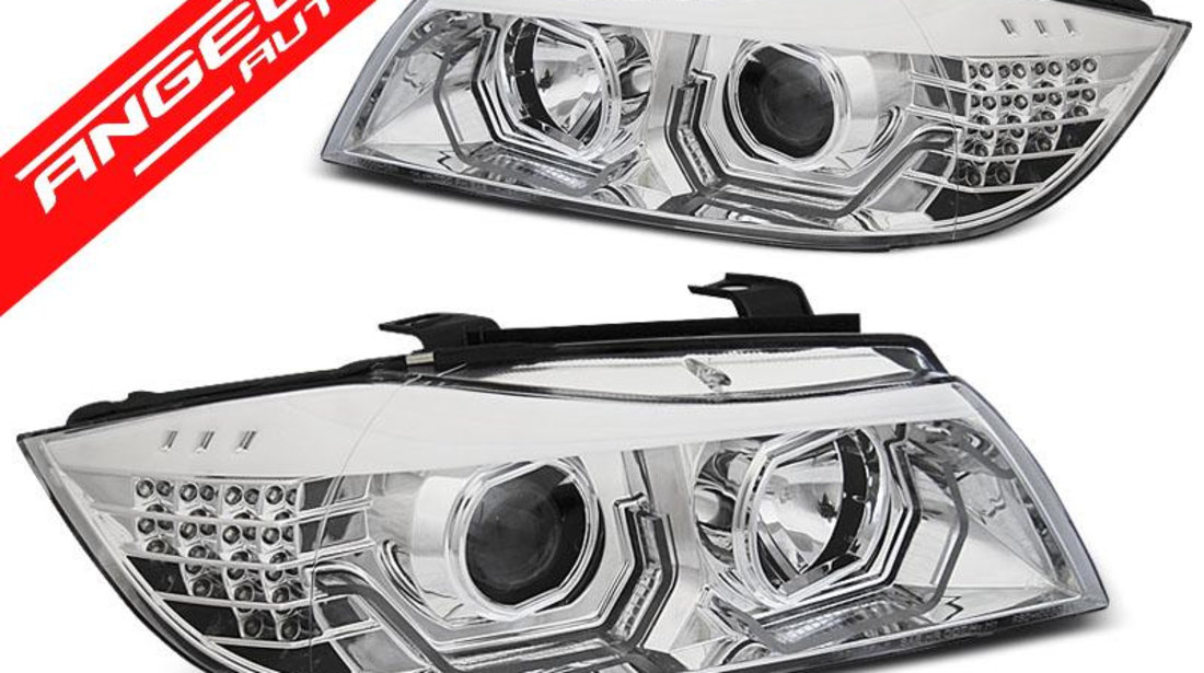 Faruri Angel Eyes LED 3D BMW E90/E91 2005-2008 Crom