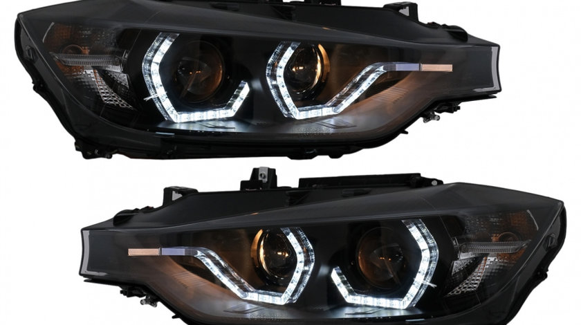 Faruri Angel Eyes LED DRL compatibil cu BMW Seria 3 F30 F31 Sedan Touring LCI (2015-2019) Negru HLBMF30M3LCI