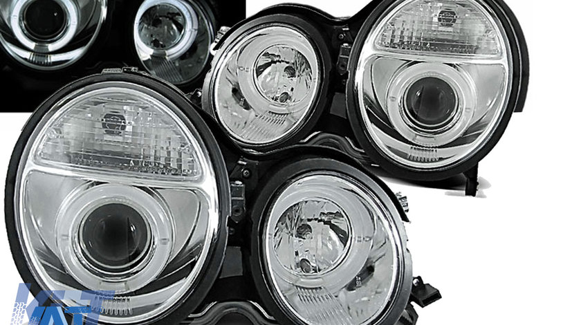 Faruri LED Angel Eyes compatibil cu Mercedes E-Class W210 (06.1999-2002) Chrome Facelift Design