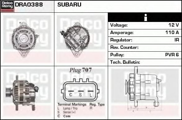 Generator / Alternator SUBARU LEGACY IV (BL, BP) (2003 - 2016) DELCO REMY DRA0388 piesa NOUA