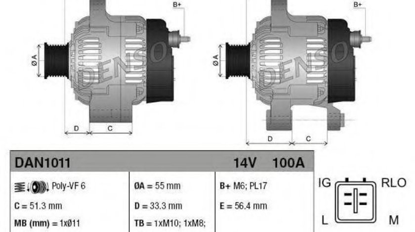 Generator / Alternator TOYOTA RAV 4 III (ACA3, ACE, ALA3, GSA3, ZSA3) (2005 - 2016) DENSO DAN1011 piesa NOUA