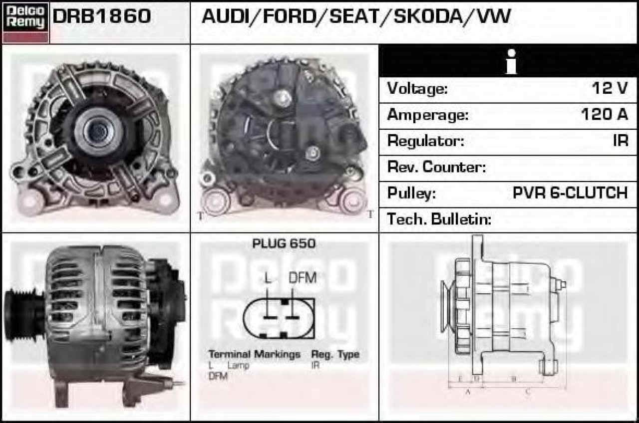 Generator / Alternator VW TRANSPORTER V caroserie (7HA, 7HH, 7EA, 7EH) (2003 - 2016) DELCO REMY DRB1860 piesa NOUA