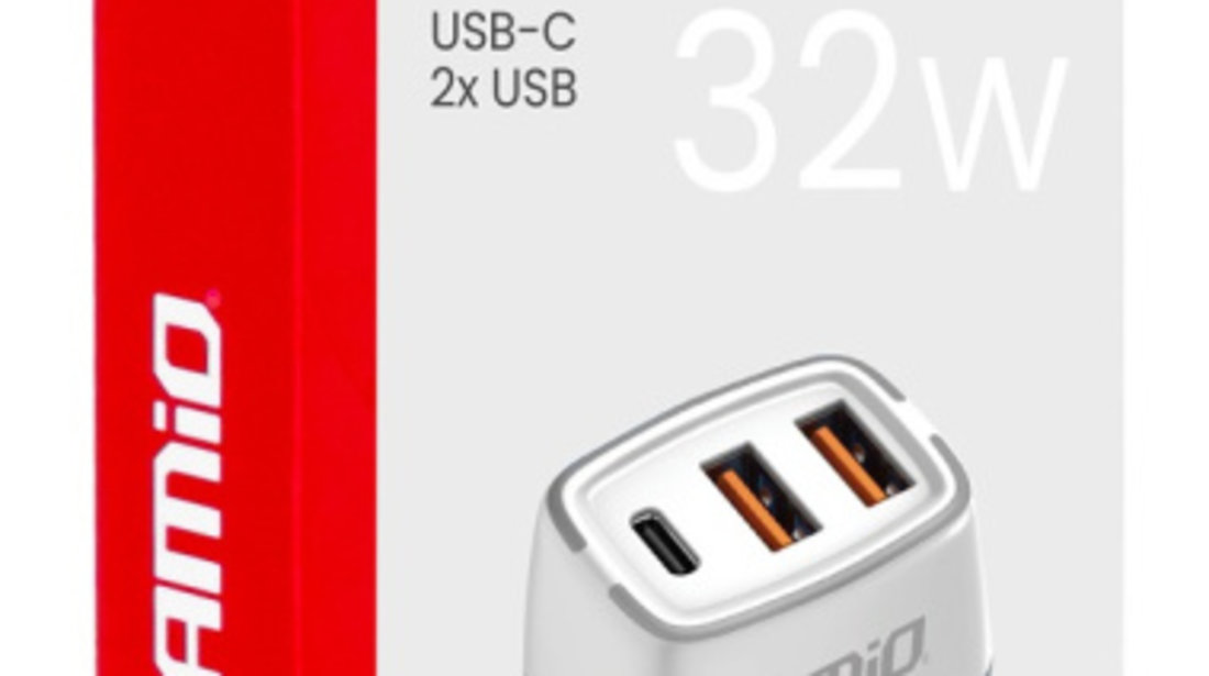 Incarcator Auto 2 x USB-A + USB-C 32W Amio 03890