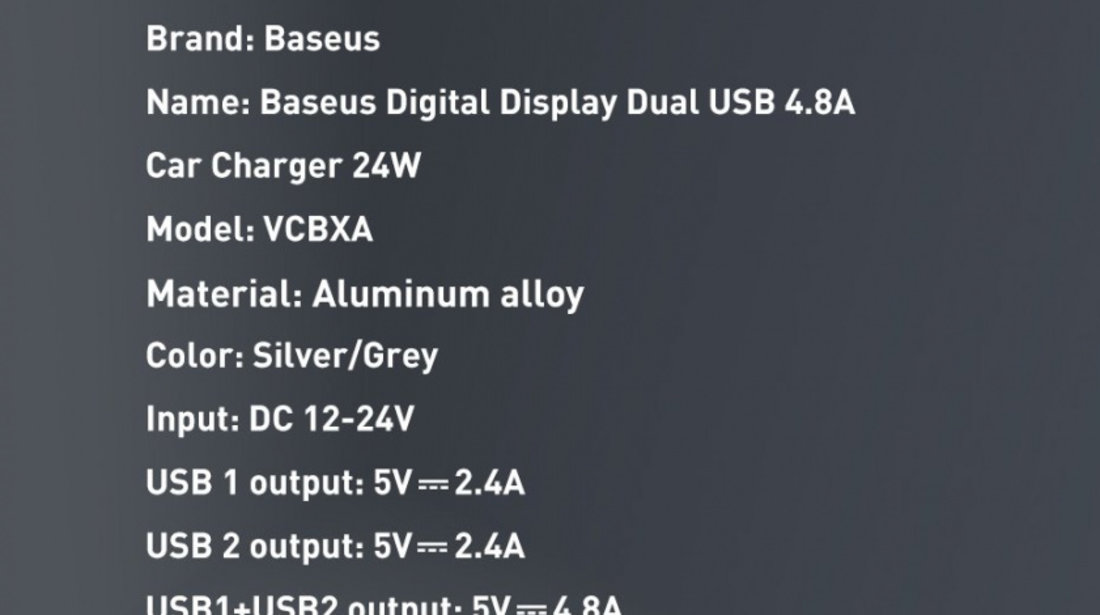 Incarcator Auto Baseus Display 2 x USB 4.8A 24W Cu LCD Gri CCBX-0G