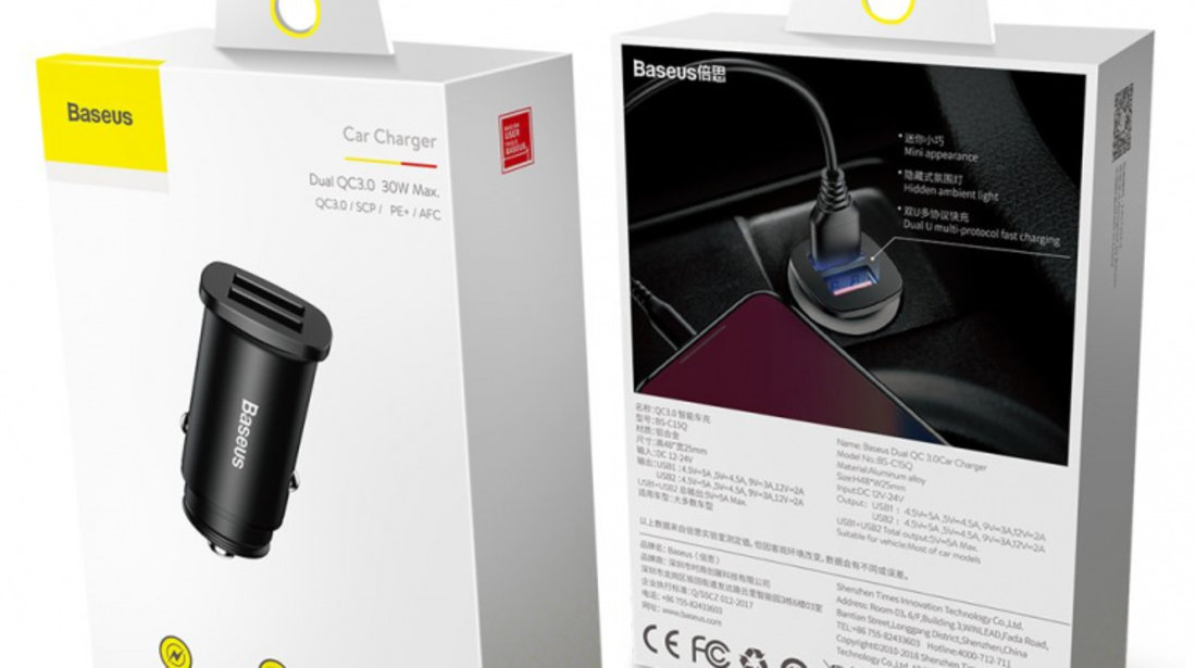 Incarcator Auto Inteligent Baseus Smart Car Charger 2x USB QC3.0 Quick Charge 3.0 SCP AFC 30W Negru CCALL-DS01